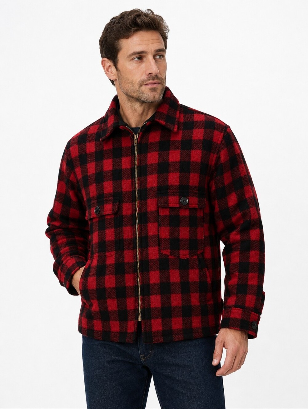 Johnson Woolen Mills Red Black Buffalo Plaid Wool Hunting Jacket Mens Neck Sz 16
